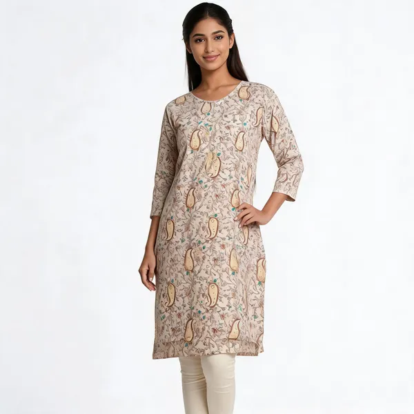 Beige_Cotton_Straight_Paisley_Floral_Print_Kurta_For_Women