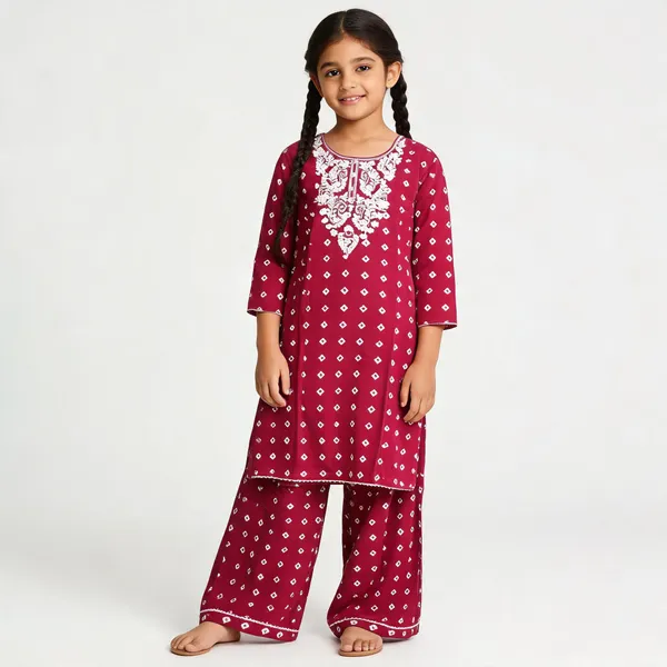 Pink_Cotton_Relaxed_Geometric_Print_Kurta_Pant_Set_For_Girls