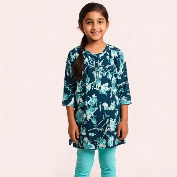 Blue_Cotton_Straight_Floral_Print_Kurti_For_Girls