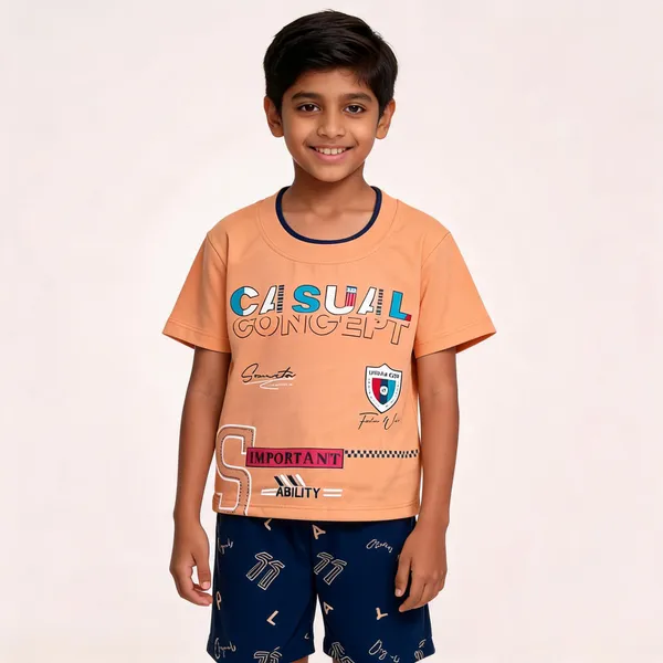 Peach_And_Navy_Cotton_Graphic_T-Shirt_Shorts_Set_For_Boys
