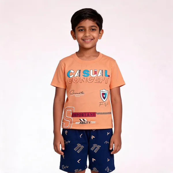 Peach_And_Navy_Cotton_Graphic_T-Shirt_Shorts_Set_For_Boys