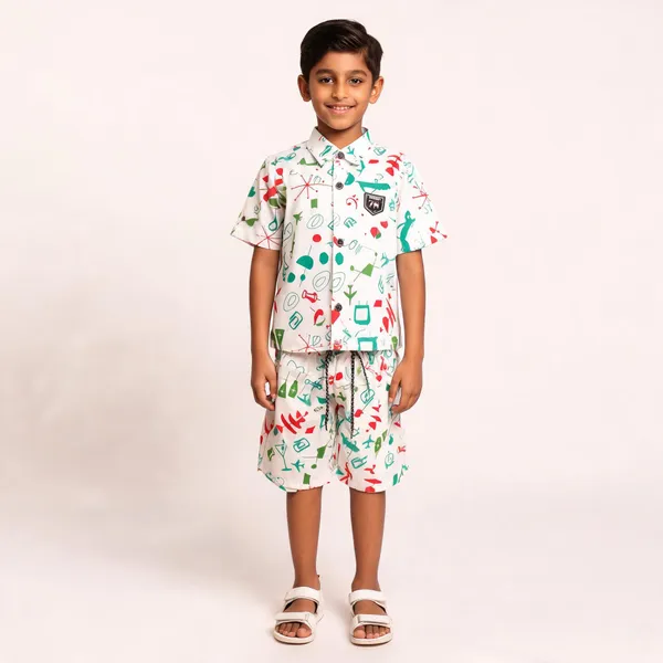White_Cotton_Printed_Shirt_&_Shorts_Set_For_Boys