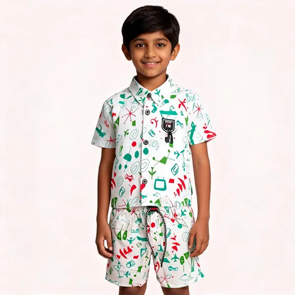 White_Cotton_Printed_Shirt_&_Shorts_Set_For_Boys