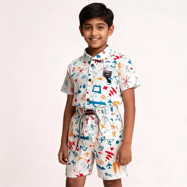 White_Cotton_Printed_Shirt_&_Shorts_Set_For_Boys
