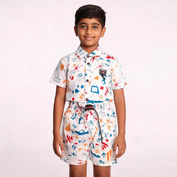 White_Cotton_Printed_Shirt_&_Shorts_Set_For_Boys