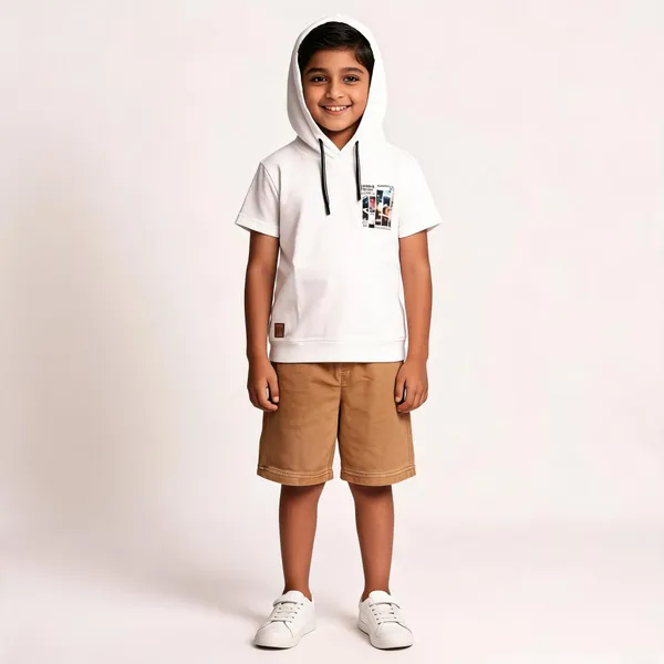 White_Tan_Cotton_Hooded_T-Shirt_Shorts_Set_For_Boys