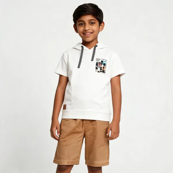 White_Tan_Cotton_Hooded_T-Shirt_Shorts_Set_For_Boys
