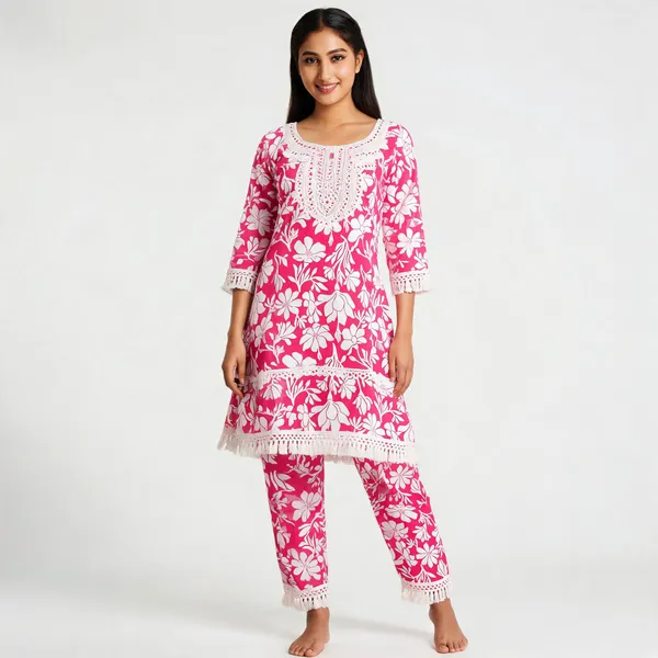 Pink_Cotton_Floral_Print_Kurta_Pant_Set_For_Women