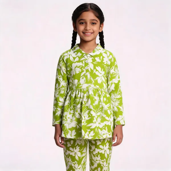Green_Cotton_Floral_Print_Kurta_And_Pants_Set_For_Girls
