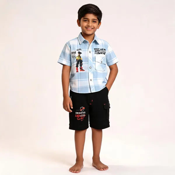 White_And_Black_Cotton_Checked_Shirt_And_Cargo_Shorts_Set_For_Boys