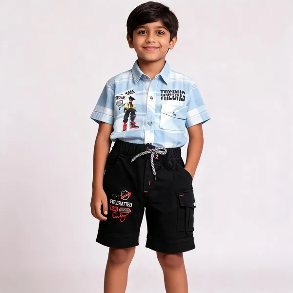 White_And_Black_Cotton_Checked_Shirt_And_Cargo_Shorts_Set_For_Boys