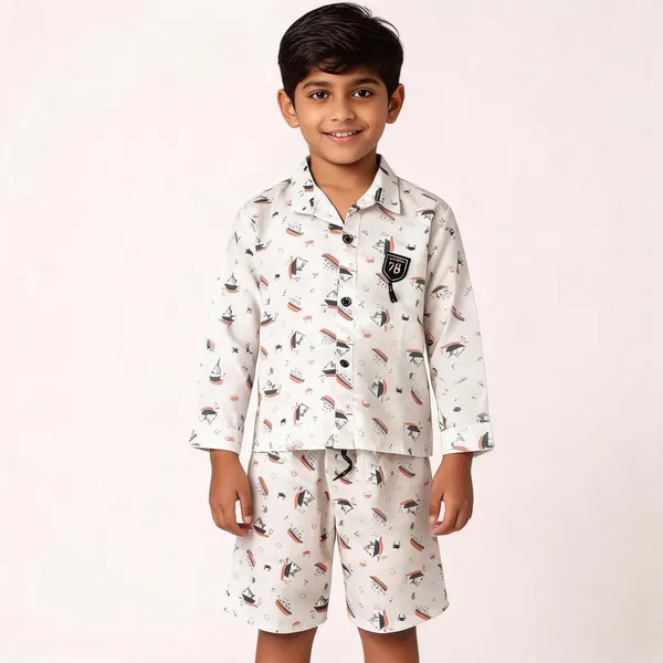 White_Cotton_Nautical_Print_Shirt_&_Shorts_Set_For_Boys
