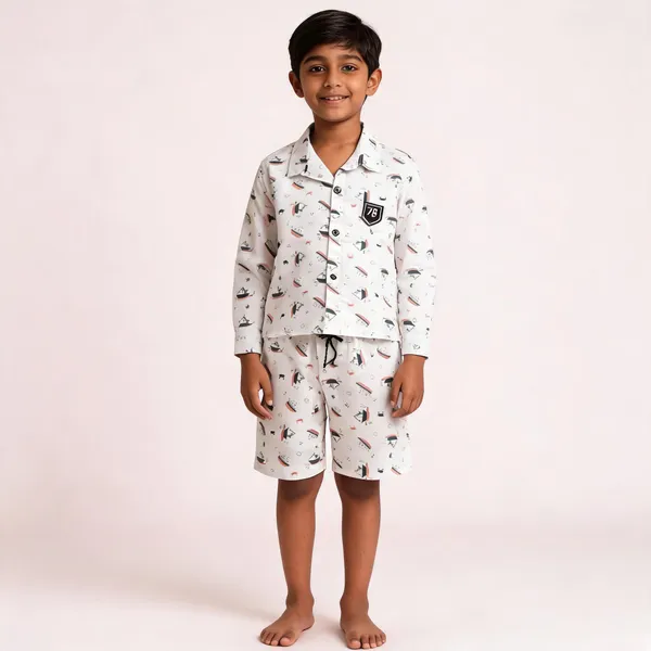 White_Cotton_Nautical_Print_Shirt_&_Shorts_Set_For_Boys