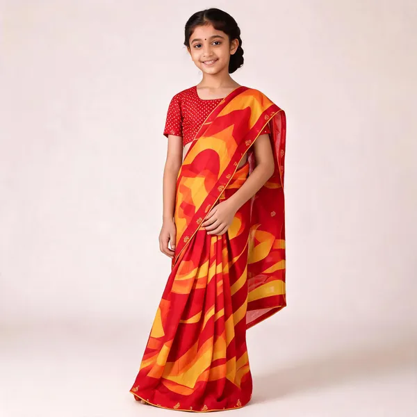 Red_Silk_Geometric_Printed_Saree_For_Girls