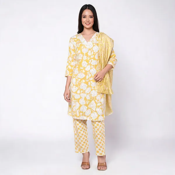 Yellow_Cotton_Relaxed_Floral_Print_Kurta_Pant_Set_For_Women