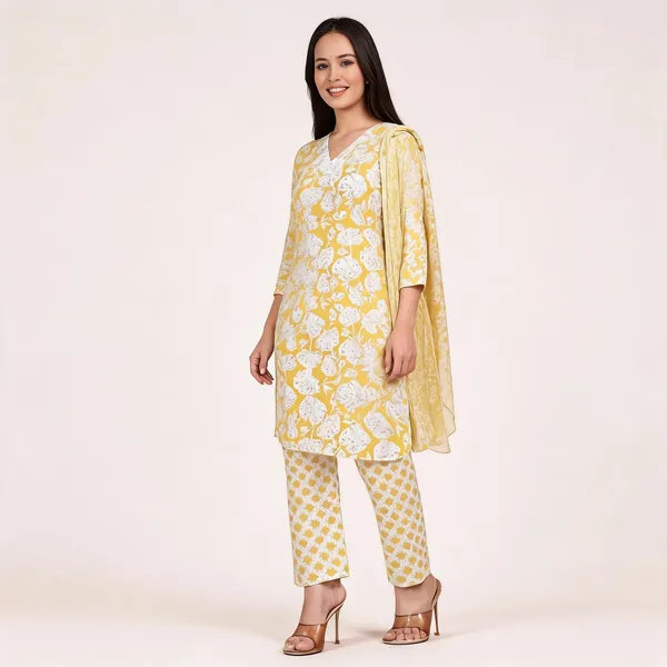 Yellow_Cotton_Relaxed_Floral_Print_Kurta_Pant_Set_For_Women