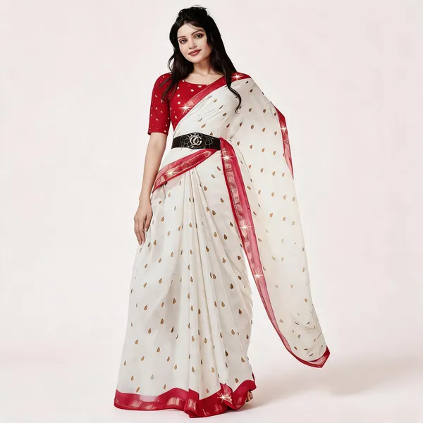 White_Georgette_Leaf_Print_Saree_For_Women