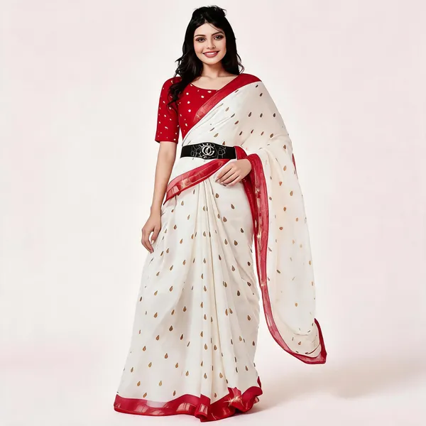 White_Georgette_Leaf_Print_Saree_For_Women