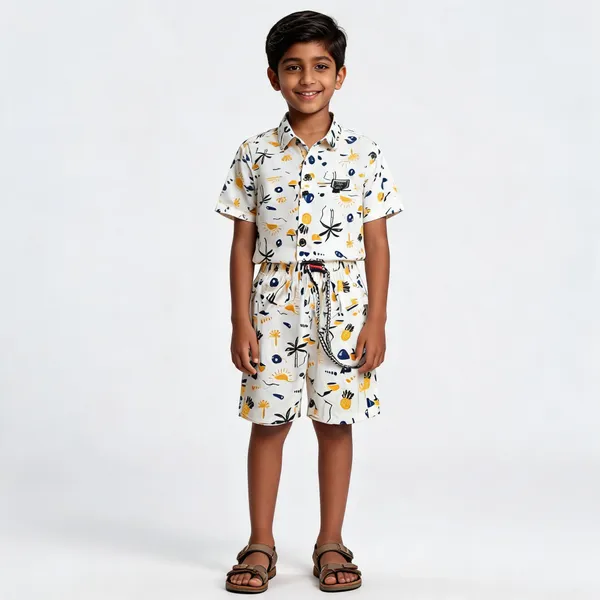 White_Cotton_Floral_Print_Shirt_&_Shorts_Set_For_Boys