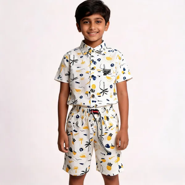 White_Cotton_Floral_Print_Shirt_&_Shorts_Set_For_Boys