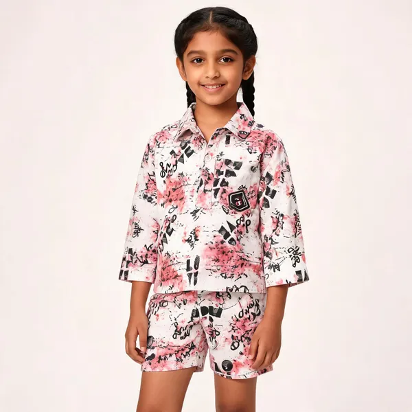 White_Cotton_Printed_Shirt_And_Shorts_Set_For_Girls