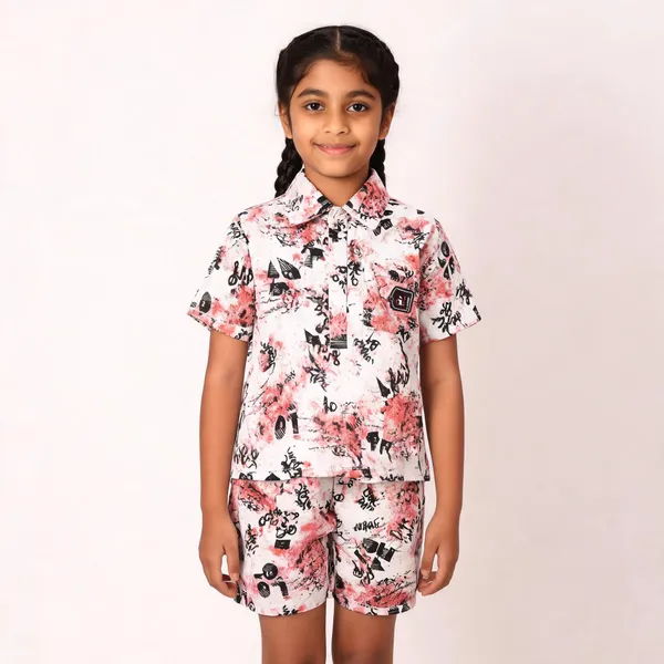 White_Cotton_Printed_Shirt_And_Shorts_Set_For_Girls