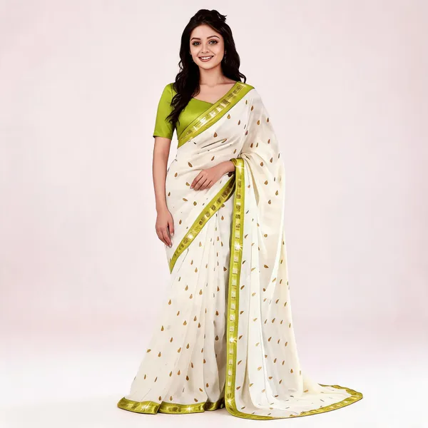 Off_White_Georgette_Leaf_Print_Saree_For_Women