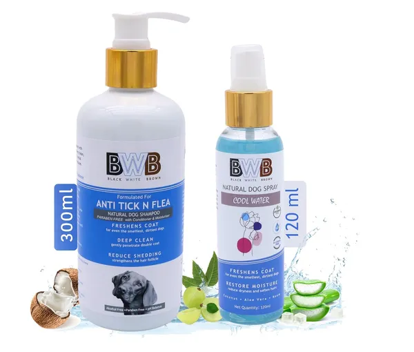 BWB_Natural_Dog_Shampoo_for_TICK_and_FLEA_Control_.PARABEN_Free+Alcohol_Free+pH_Balance_with_AloVera,NEEM,_Coconut_&_Amla_extracts_and_Added_Conditioner_&_MOISTURISER._(300_ML_+_DEOSPRAY)