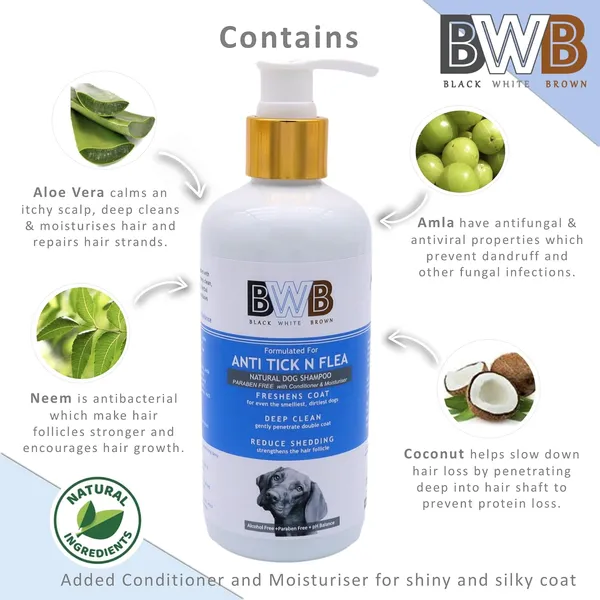 BWB_Natural_Dog_Shampoo_for_TICK_and_FLEA_Control_.PARABEN_Free+Alcohol_Free+pH_Balance_with_AloVera,NEEM,_Coconut_&_Amla_extracts_and_Added_Conditioner_&_MOISTURISER._(300_ML_+_DEOSPRAY)