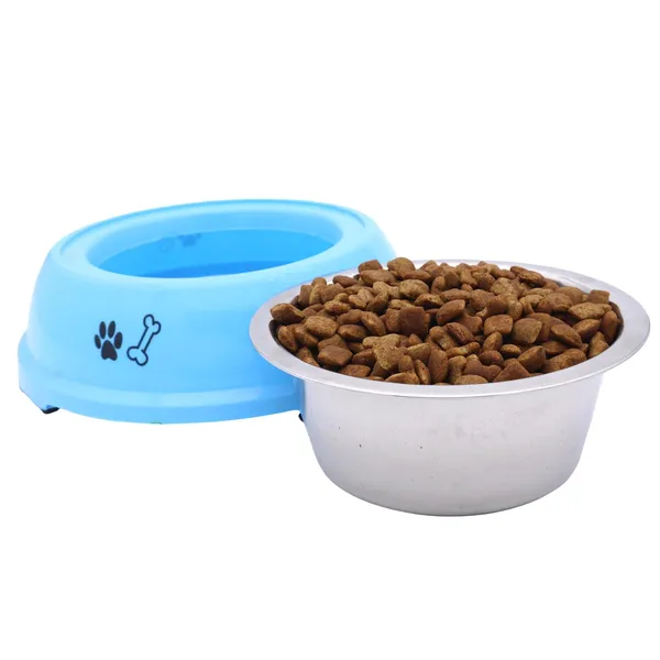 BWB_2-in-1_Detachable_Stainless_Steel_Pet_Bowl_–_Anti-Skid_Vibrant_Pink_Plastic_Outer_Shell_with_Paw_Print_Design-_Medium_–_Versatile_Food_&_Water_Dish_for_Dogs_&_Cats,_Spill-Proof_&_Easy_Clean-350ml