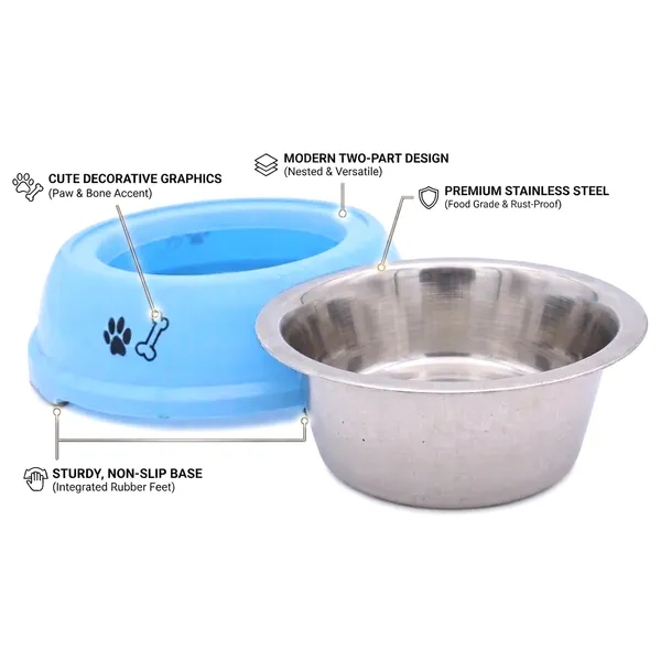 BWB_2-in-1_Detachable_Stainless_Steel_Pet_Bowl_–_Anti-Skid_Vibrant_Pink_Plastic_Outer_Shell_with_Paw_Print_Design-_Medium_–_Versatile_Food_&_Water_Dish_for_Dogs_&_Cats,_Spill-Proof_&_Easy_Clean-350ml