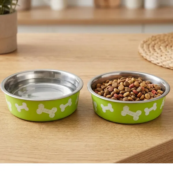 BWB_Stainless_Steel_Printed_Pet_Bowl_with_Anti-Skid_Rubber_Base_for_Dogs_and_Cats_–_Durable_Food_&_Water_Dish_with_Cute_Bone_Print,_Green_(450ml)-_Small