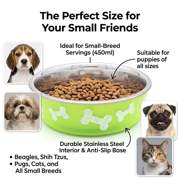 BWB_Stainless_Steel_Printed_Pet_Bowl_with_Anti-Skid_Rubber_Base_for_Dogs_and_Cats_–_Durable_Food_&_Water_Dish_with_Cute_Bone_Print,_Green_(450ml)-_Small
