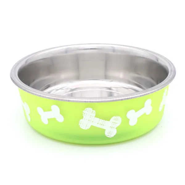 BWB_Stainless_Steel_Printed_Pet_Bowl_with_Anti-Skid_Rubber_Base_for_Dogs_and_Cats_–_Durable_Food_&_Water_Dish_with_Cute_Bone_Print,_Green_(450ml)-_Small