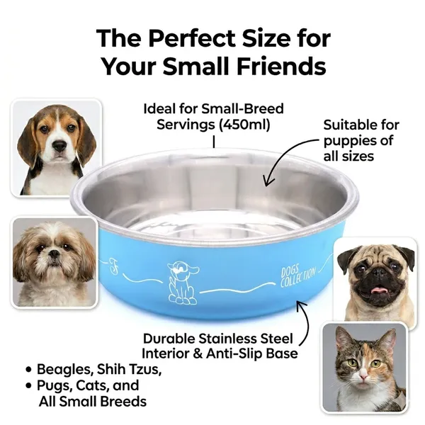 BWB_Stainless_Steel_Printed_Pet_Bowl_with_Anti-Skid_Rubber_Base_for_Dogs_and_Cats_–_Durable_Food_&_Water_Dish_with_Cute_Dog_Print,_Blue_(450ml)-_Small