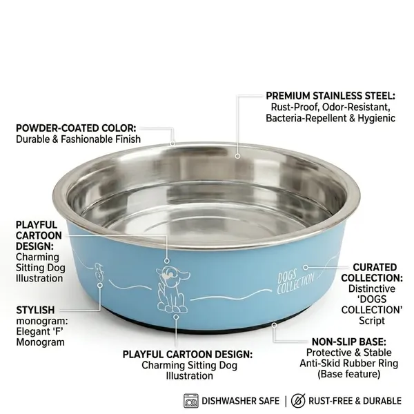 BWB_Stainless_Steel_Printed_Pet_Bowl_with_Anti-Skid_Rubber_Base_for_Dogs_and_Cats_–_Durable_Food_&_Water_Dish_with_Cute_Dog_Print,_Blue_(450ml)-_Small