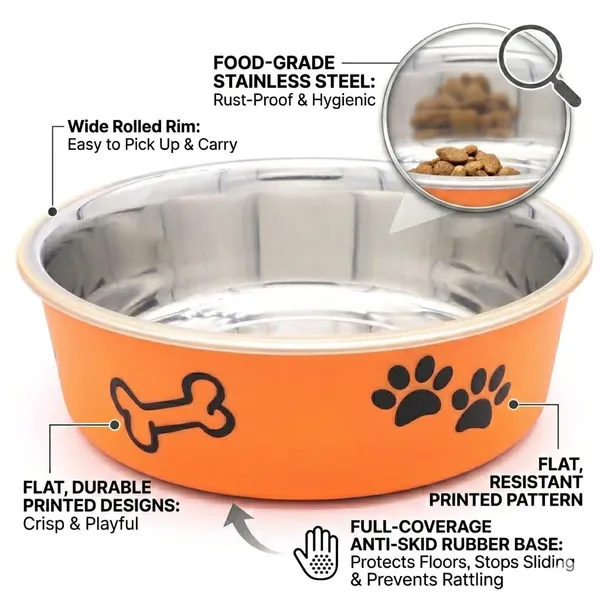 BWB_Stainless_Steel_Printed_Pet_Bowl_with_Anti-Skid_Rubber_Base_for_Dogs_and_Cats_–_Durable_Food_&_Water_Dish_with_Cute_Paw_and_Bone_Print,_Orange_(750_ml)-_Medium