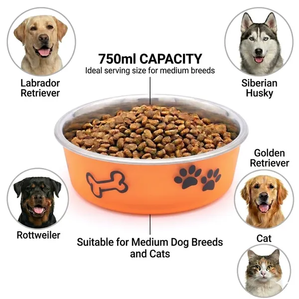 BWB_Stainless_Steel_Printed_Pet_Bowl_with_Anti-Skid_Rubber_Base_for_Dogs_and_Cats_–_Durable_Food_&_Water_Dish_with_Cute_Paw_and_Bone_Print,_Orange_(750_ml)-_Medium
