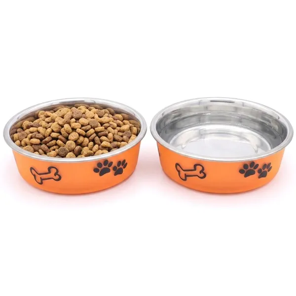BWB_Stainless_Steel_Printed_Pet_Bowl_with_Anti-Skid_Rubber_Base_for_Dogs_and_Cats_–_Durable_Food_&_Water_Dish_with_Cute_Paw_and_Bone_Print,_Orange_(750_ml)-_Medium