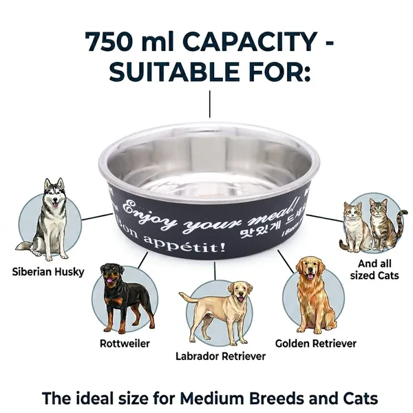 BWB_Premium_Stainless_Steel_Pet_Bowl_for_Medium_Dogs_and_Cats_|_Anti-Skid_Rubber_Base_Food_&_Water_Bowl_|_Durable_Printed_Matte_Black_Finish,_Rust-Proof_&_Dishwasher_Safe-_Medium_-750_ml