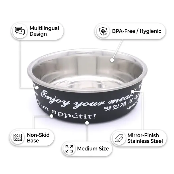 BWB_Premium_Stainless_Steel_Pet_Bowl_for_Medium_Dogs_and_Cats_|_Anti-Skid_Rubber_Base_Food_&_Water_Bowl_|_Durable_Printed_Matte_Black_Finish,_Rust-Proof_&_Dishwasher_Safe-_Medium_-750_ml
