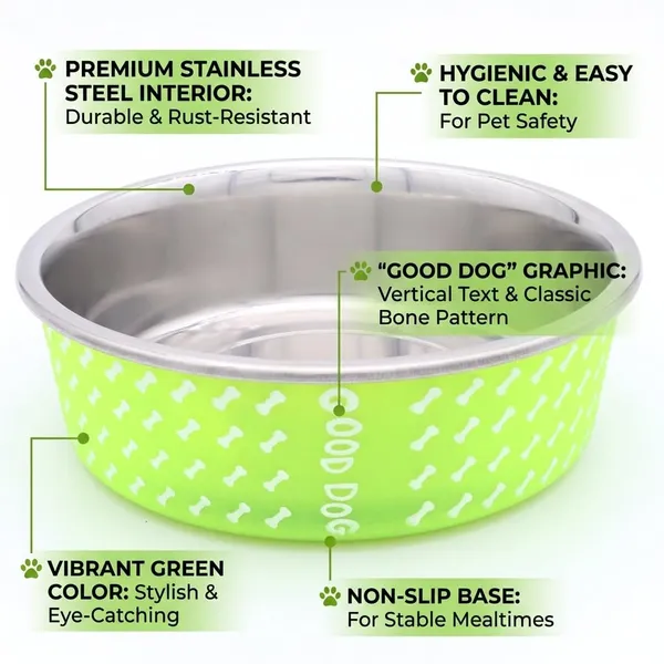 BWB_Stainless_Steel_Printed_Pet_Bowl_with_Anti-Skid_Rubber_Base_for_Dogs_and_Cats_–_Durable_Food_&_Water_Dish_-_Lime_Green_with_Bone_Pattern,_Green_(750_ml)-_Medium