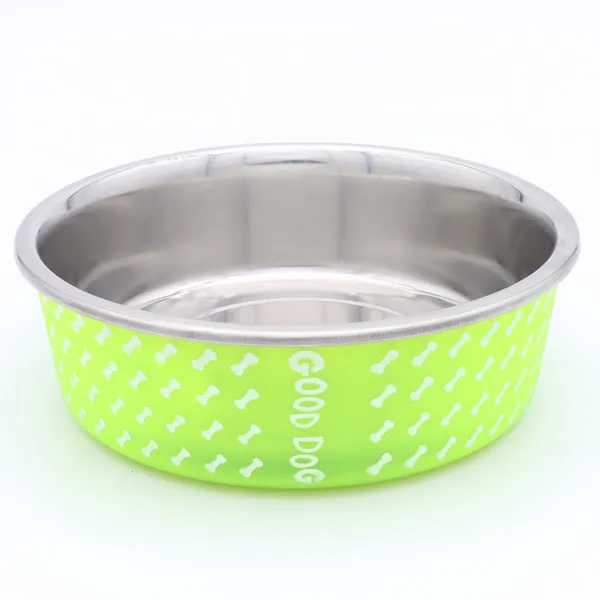 BWB_Stainless_Steel_Printed_Pet_Bowl_with_Anti-Skid_Rubber_Base_for_Dogs_and_Cats_–_Durable_Food_&_Water_Dish_-_Lime_Green_with_Bone_Pattern,_Green_(750_ml)-_Medium