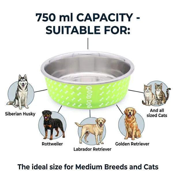 BWB_Stainless_Steel_Printed_Pet_Bowl_with_Anti-Skid_Rubber_Base_for_Dogs_and_Cats_–_Durable_Food_&_Water_Dish_-_Lime_Green_with_Bone_Pattern,_Green_(750_ml)-_Medium