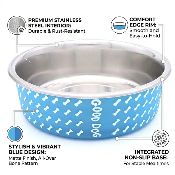 BWB_Stainless_Steel_Printed_Pet_Bowl_with_Anti-Skid_Rubber_Base_for_Dogs_and_Cats_–_Durable_Food_&_Water_Dish_-_Light_Blue_with_Bone_Pattern,_Blue_(750_ml)-_Medium