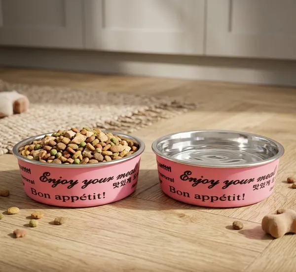 BWB_Stainless_Steel_Printed_Pet_Bowl_with_Anti-Skid_Rubber_Base_for_Dogs_and_Cats_–_Durable_Food_&_Water_Dish_-_Pink_Printed_Design,_Pink_(750_ml)-_Medium