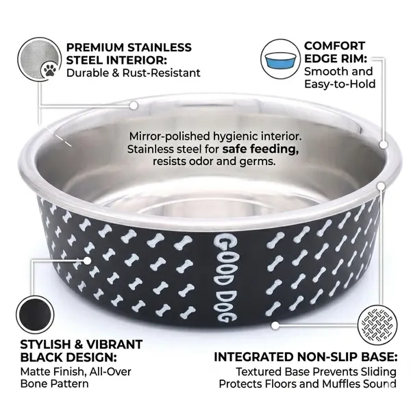BWB_Stainless_Steel_Printed_Pet_Bowl_with_Anti-Skid_Rubber_Base_for_Dogs_and_Cats_–_Durable_Food_&_Water_Dish_-_Black_with_Bone_Pattern,_Black_(750_ml)-_Medium