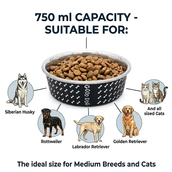 BWB_Stainless_Steel_Printed_Pet_Bowl_with_Anti-Skid_Rubber_Base_for_Dogs_and_Cats_–_Durable_Food_&_Water_Dish_-_Black_with_Bone_Pattern,_Black_(750_ml)-_Medium