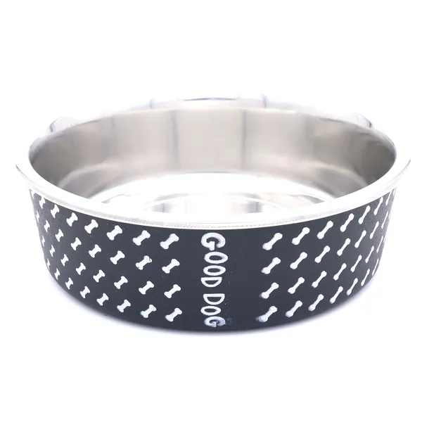 BWB_Stainless_Steel_Printed_Pet_Bowl_with_Anti-Skid_Rubber_Base_for_Dogs_and_Cats_–_Durable_Food_&_Water_Dish_-_Black_with_Bone_Pattern,_Black_(750_ml)-_Medium