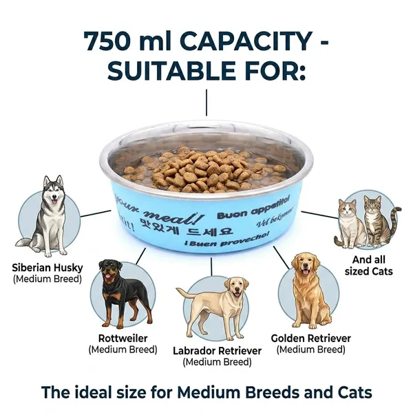 BWB_Stainless_Steel_Printed_Pet_Bowl_with_Anti-Skid_Rubber_Base_for_Dogs_and_Cats_–_Durable_Food_&_Water_Dish_-_Blue_Printed_Design,_Blue_(750_ml)-_Medium